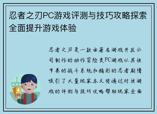 忍者之刃PC游戏评测与技巧攻略探索全面提升游戏体验