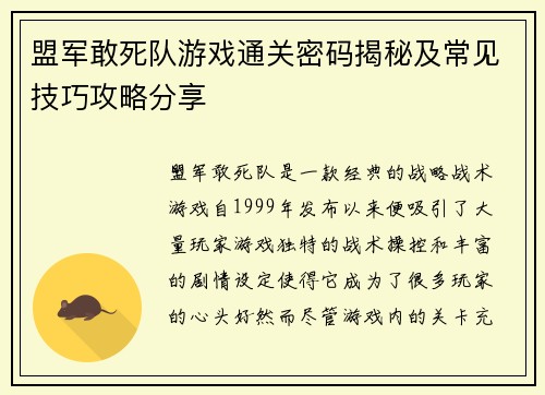 盟军敢死队游戏通关密码揭秘及常见技巧攻略分享